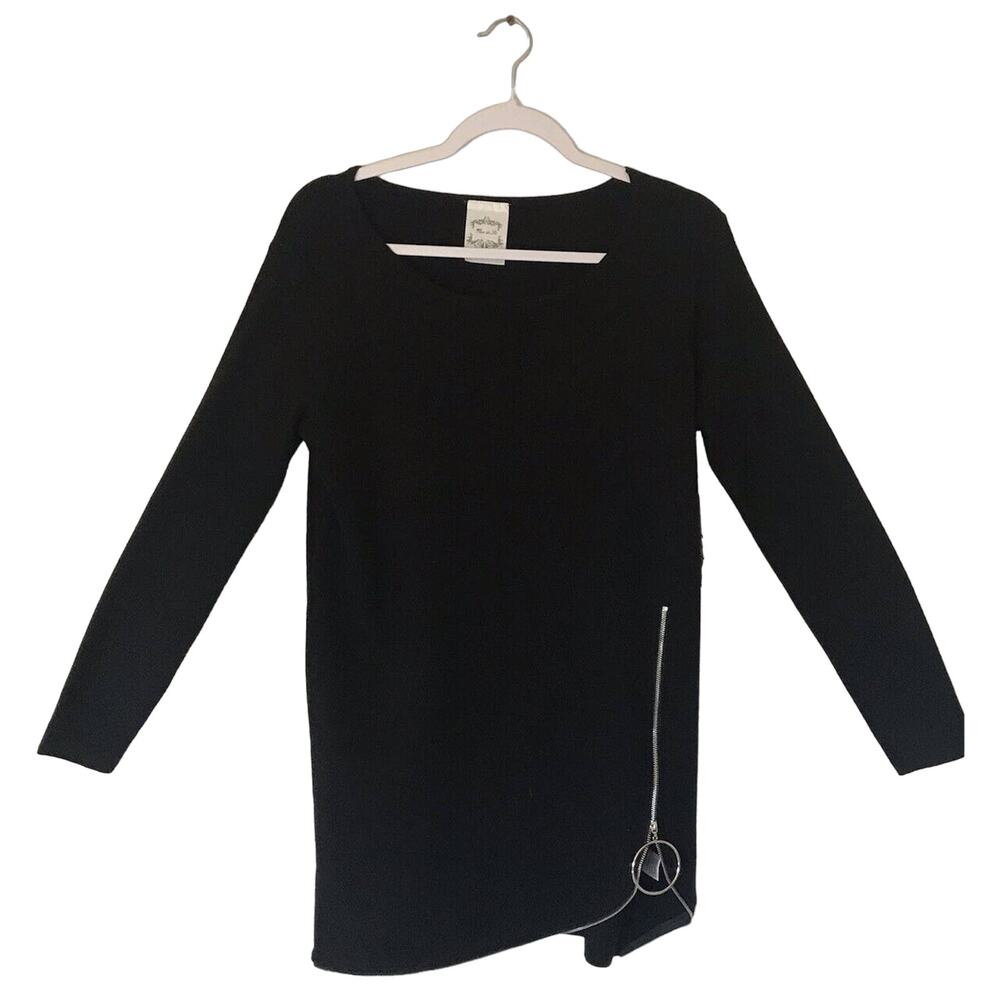 Tlew de Lis Black Sweater Top Shirt Soft Knit Denim Jacket Zipper Accent Medium